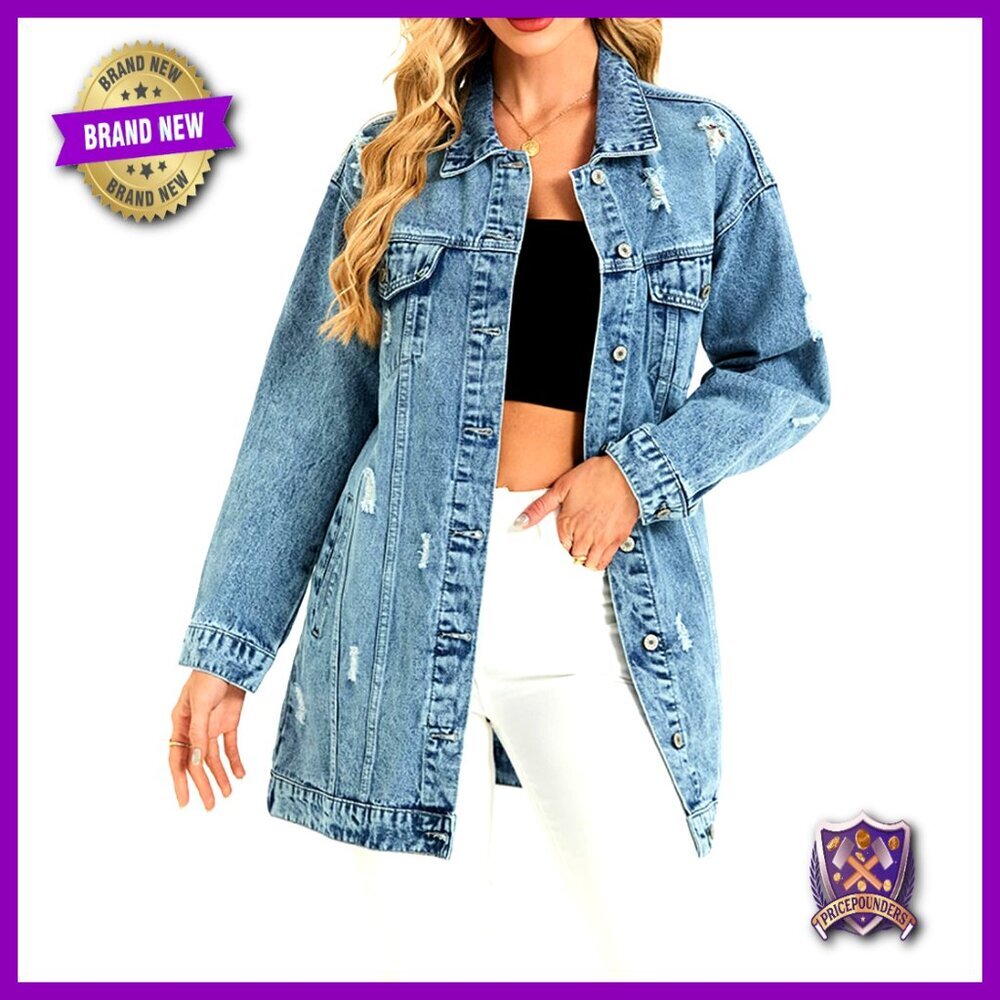 Oversized Distressed Denim Jacket Long Length Loose Fit Trench Coat Women
